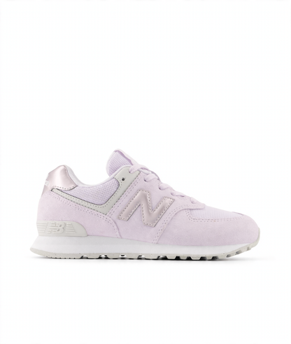 Light purple New Balance 574 Core Lace little kids' sneaker with white sole and metallic silver accents.