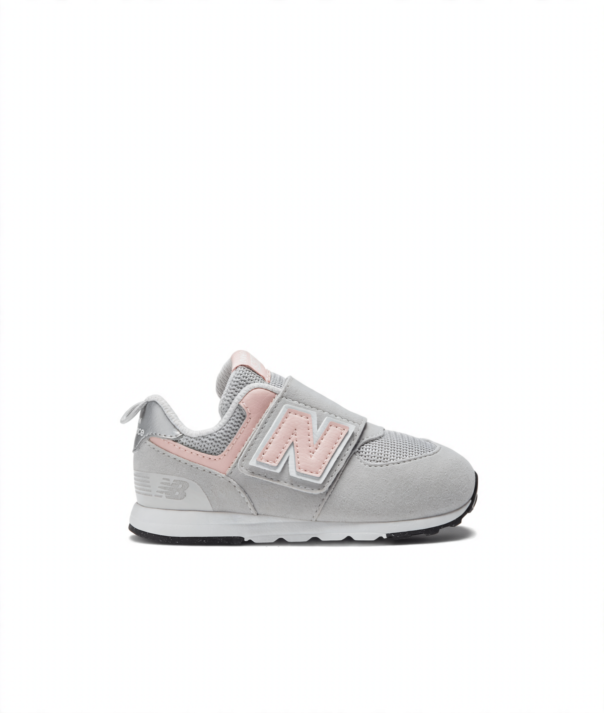 Light gray and pink New Balance 574 children's sneaker with a Velcro strap featuring the 'N' logo and an 'NB' logo on the heel.