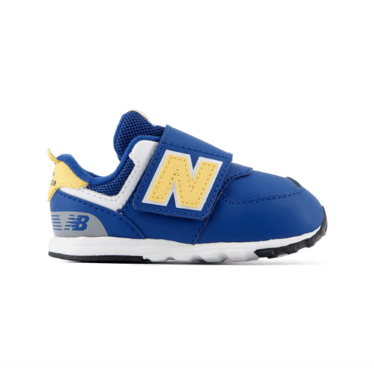 A blue and yellow New Balance 574 children's sneaker with a hook and loop closure and white accents.