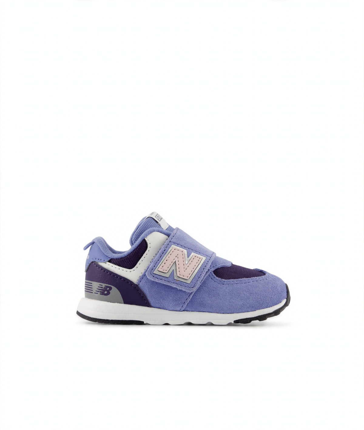 Children's New Balance 574 hook & loop sneaker in periwinkle, purple, and white with a pink 'N' logo.