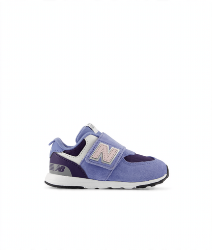 Children's New Balance 574 hook & loop sneaker in periwinkle, purple, and white with a pink 'N' logo.