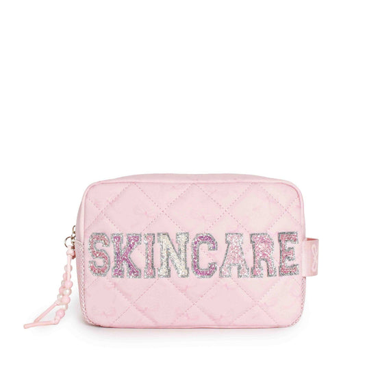 'Skincare' Quilted Bow Print Cosmetic Pouch