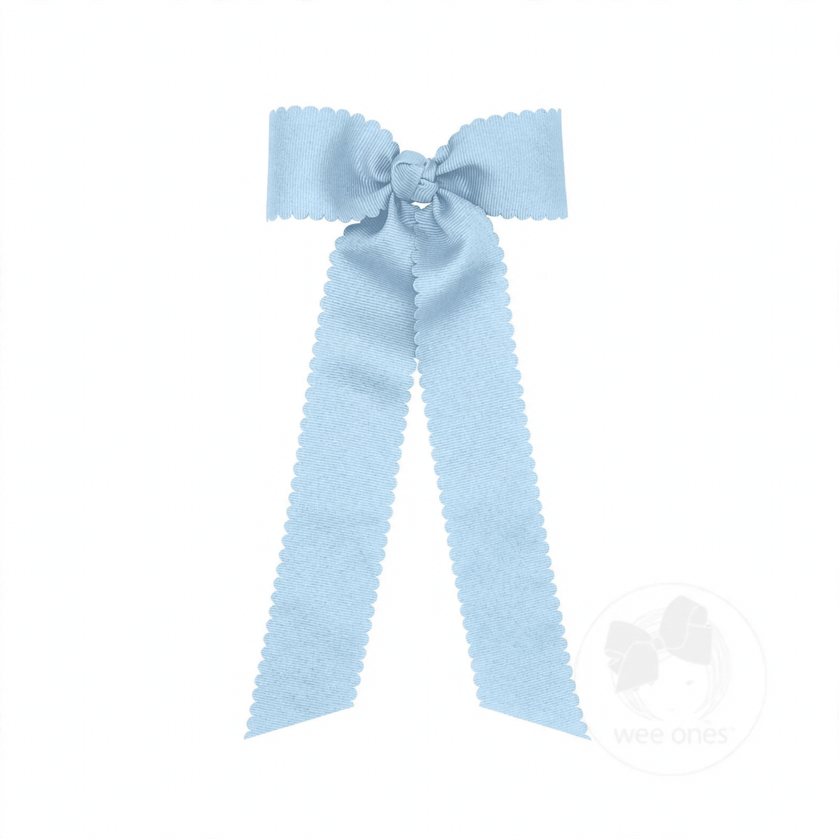 Light blue grosgrain hair bow with scalloped edges, a knot wrap center, and long streamer tails.