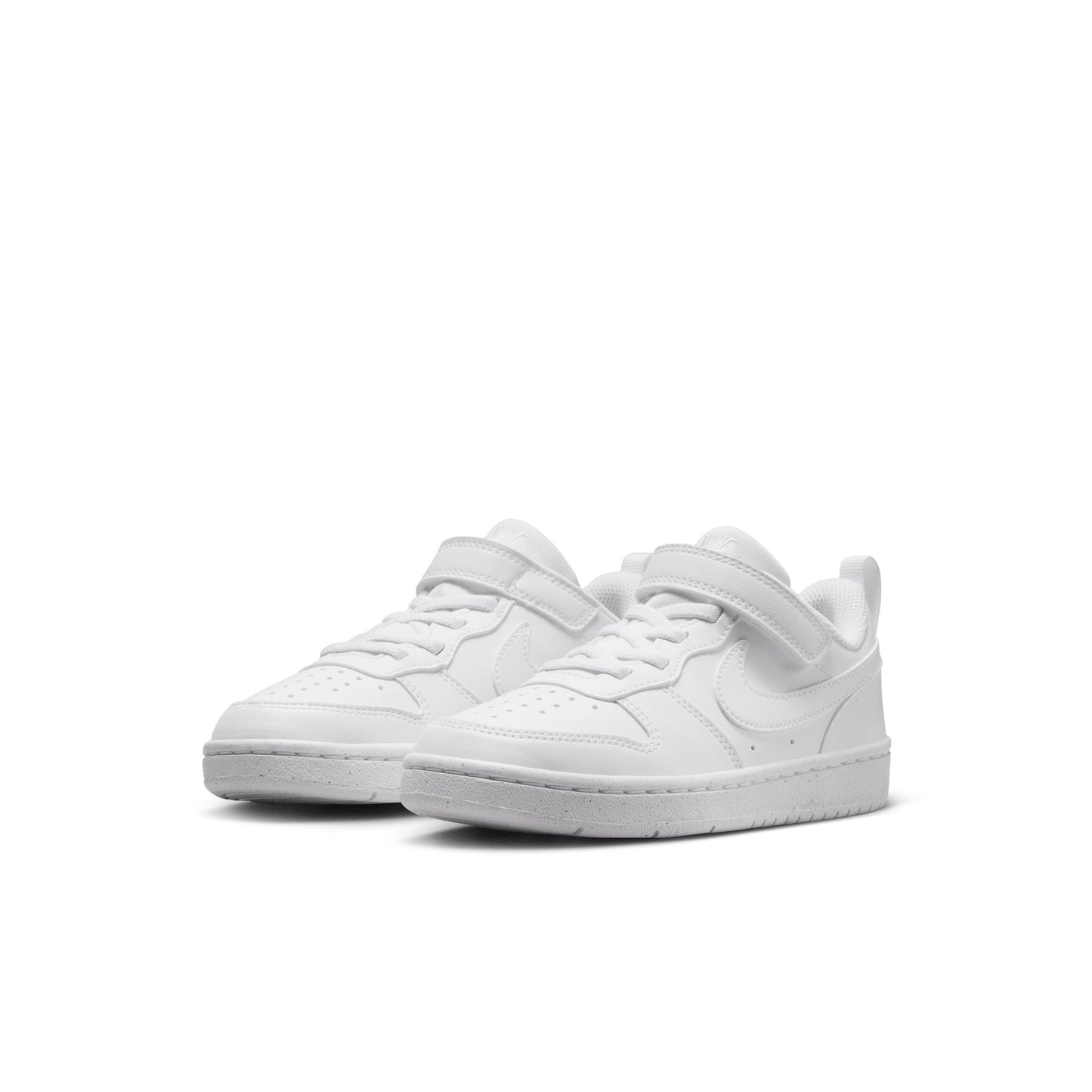 Pair of white Nike Court Borough Low Recraft Little Kid sneakers with hook-and-loop straps and perforated toes.