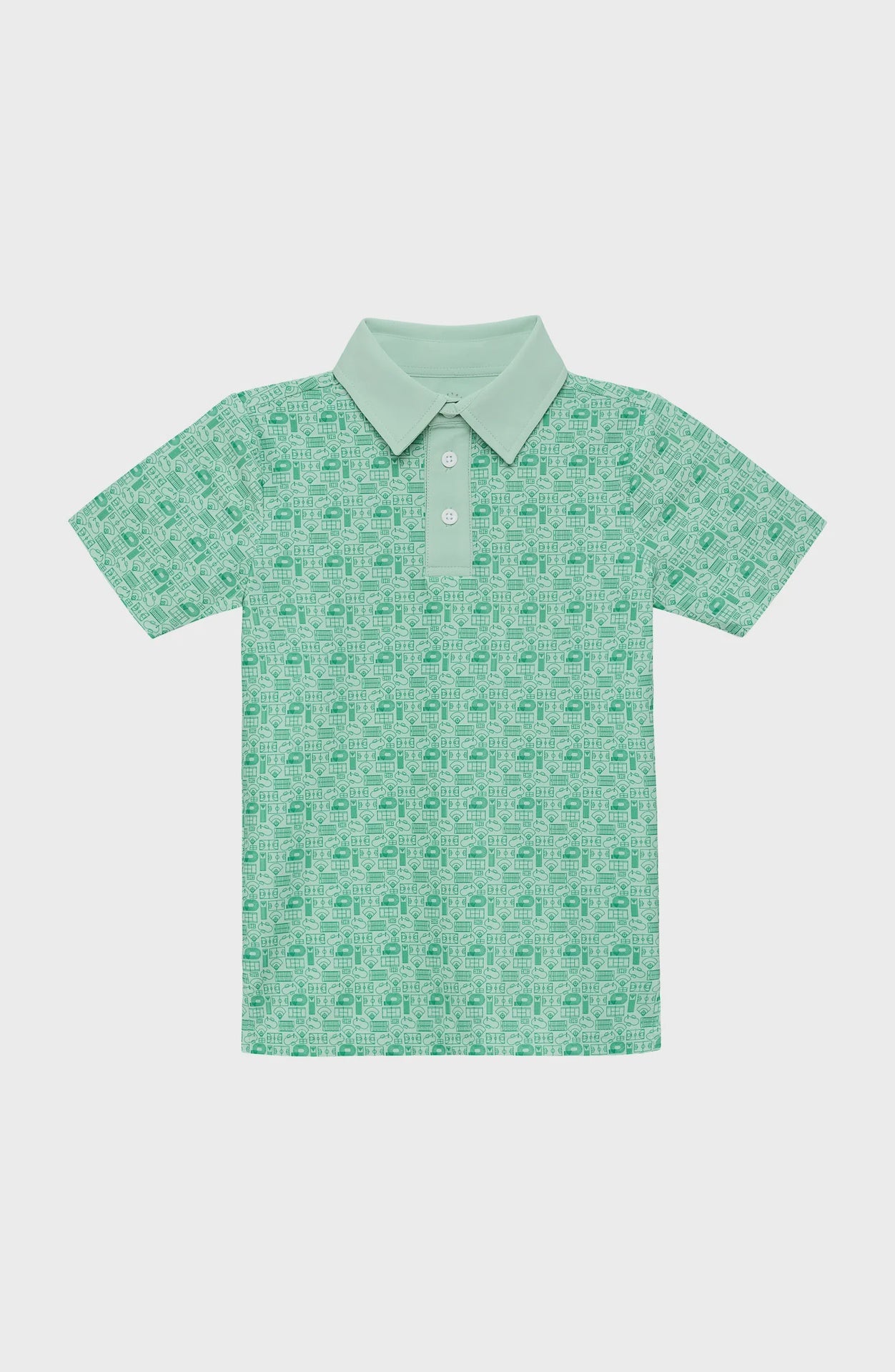 Light green children's polo shirt with short sleeves and a repeating pattern of baseball-themed icons.