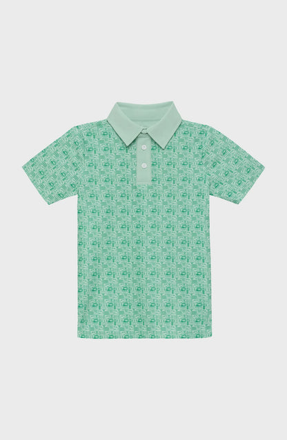 Light green children's polo shirt with short sleeves and a repeating pattern of baseball-themed icons.