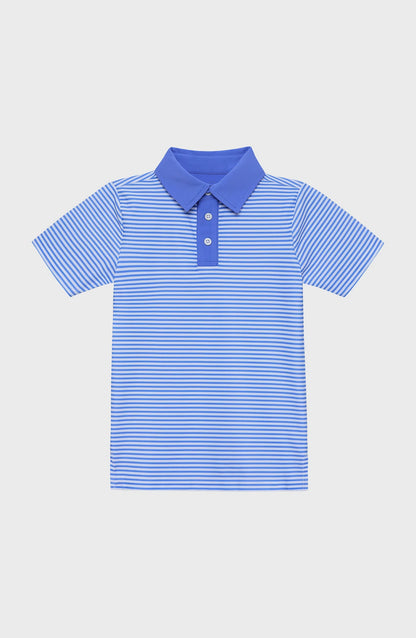 Kids' striped polo shirt with light and royal blue horizontal stripes, a royal blue collar, short sleeves, and a two-button placket.
