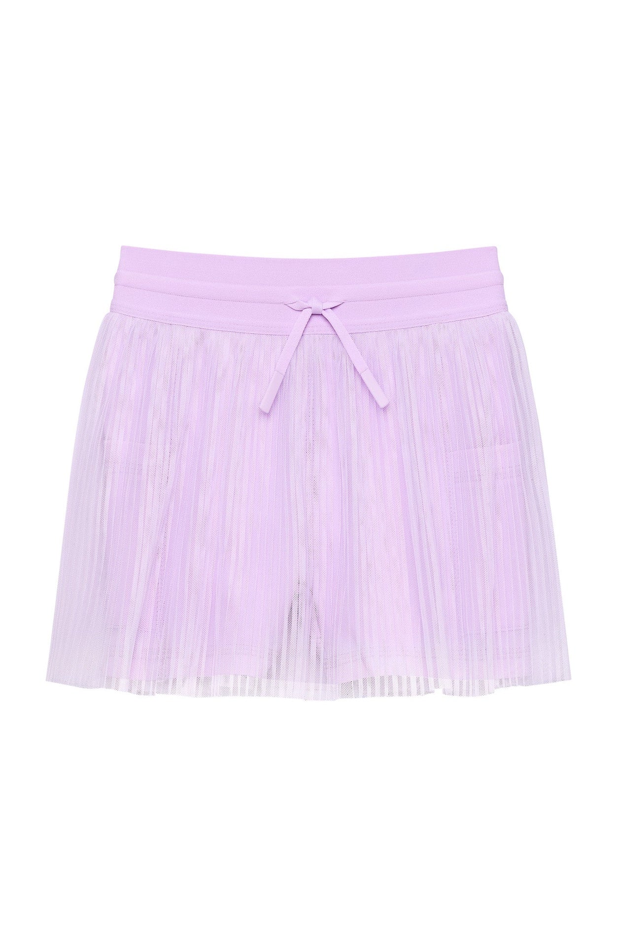 Lavender pleated skort with an elastic waistband and a decorative front tie.