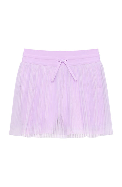 Lavender pleated skort with an elastic waistband and a decorative front tie.