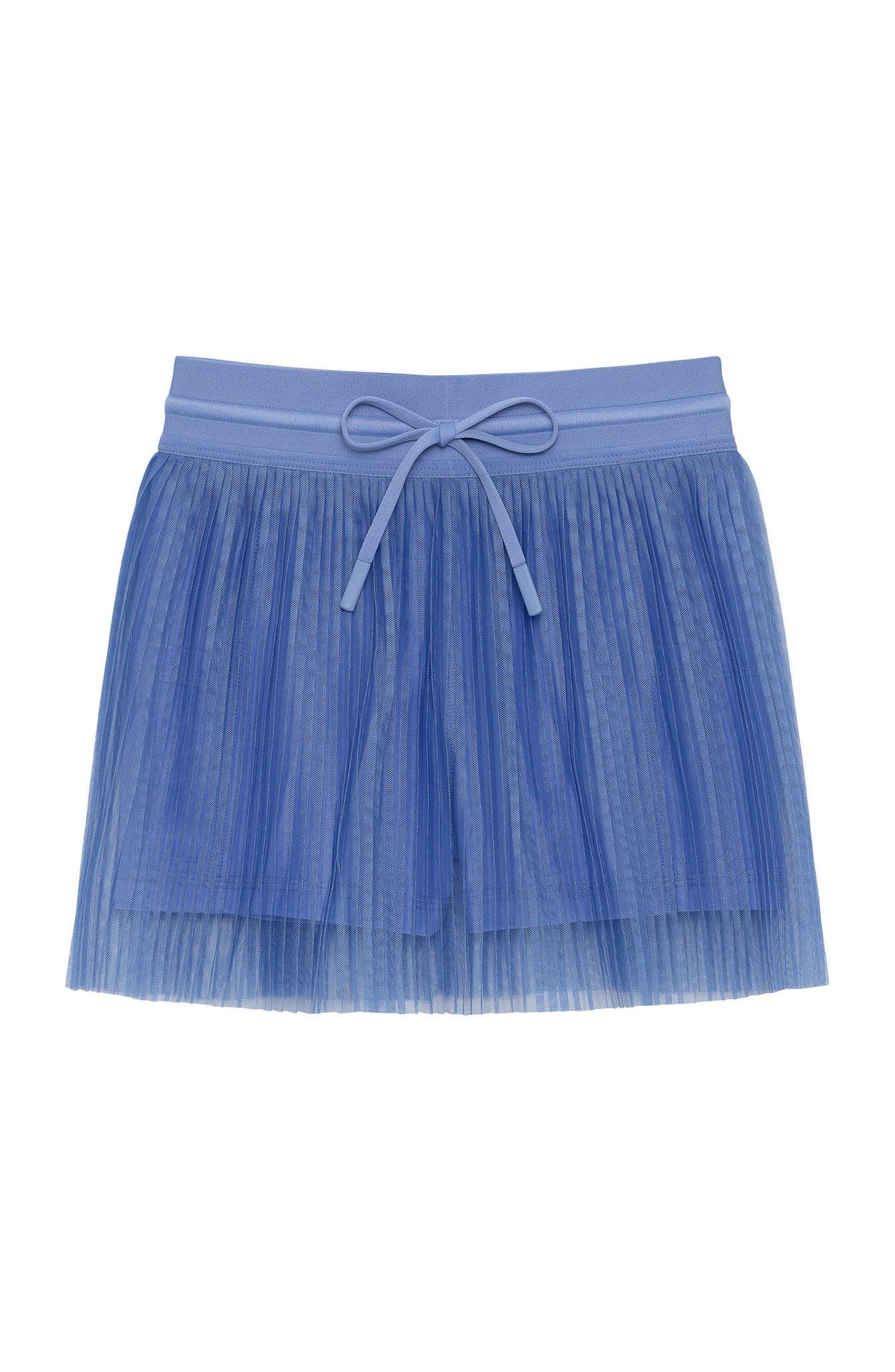 Blue pleated skort with a ribbed waistband and a decorative front bow tie, featuring a two-layer design.