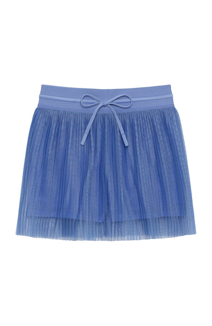 Blue pleated skort with a ribbed waistband and a decorative front bow tie, featuring a two-layer design.
