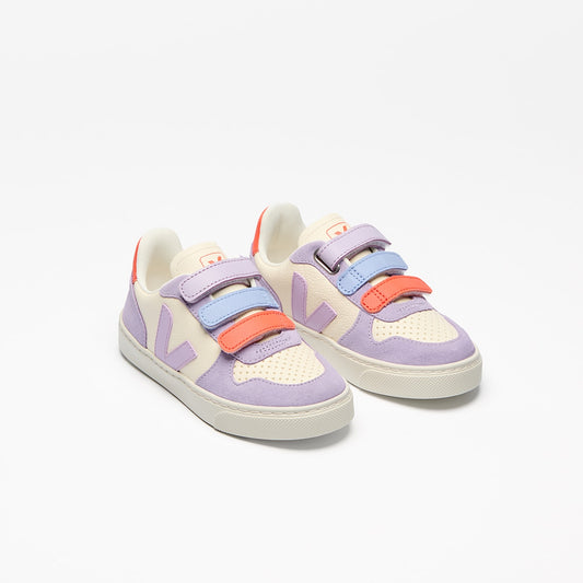 VEJA Small V-10 Leather — Cashew Multico Orchid — elevated front view (CV0520614); official square photo