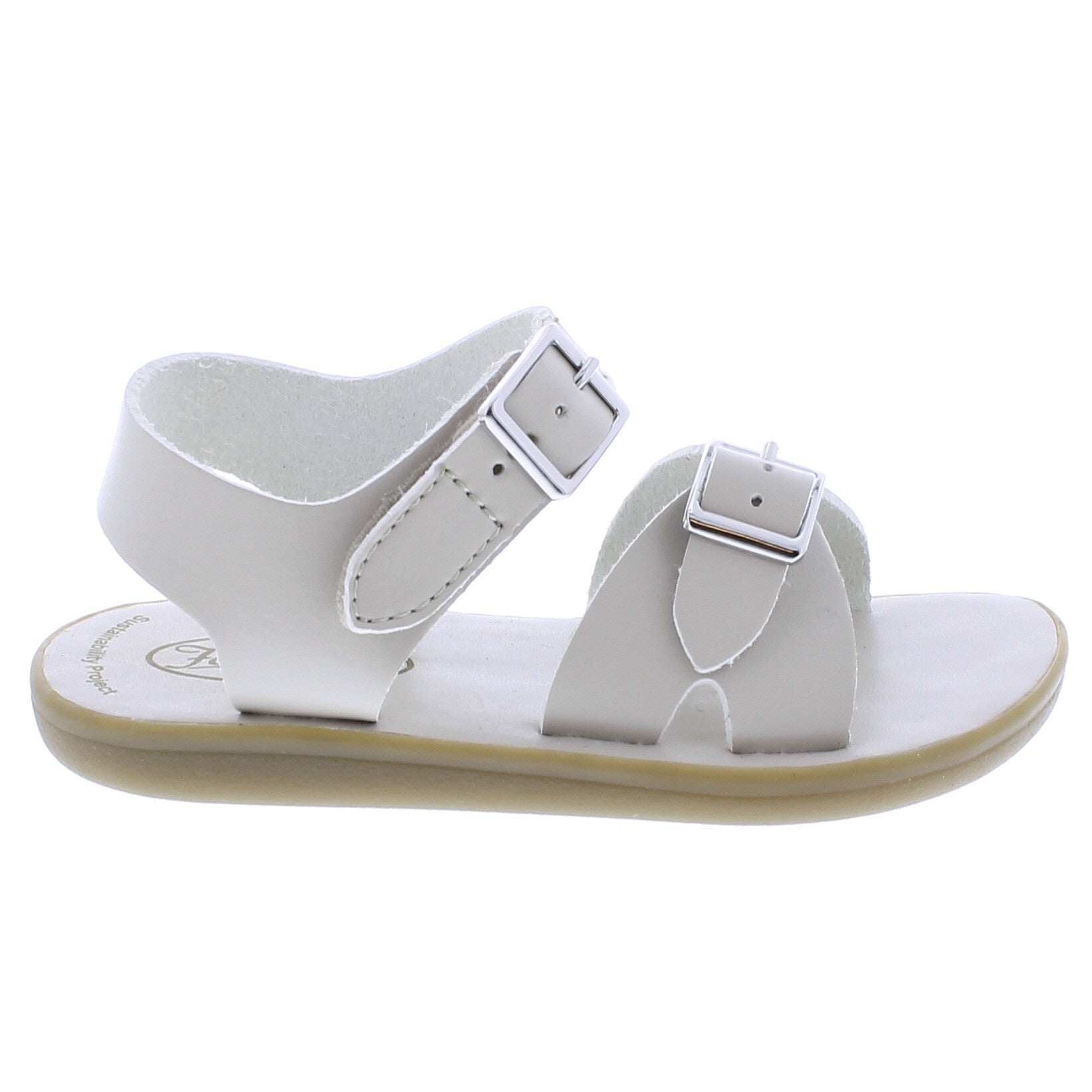 Light grey children's sandal with two silver buckles, a closed heel, and an open toe, featuring 'Sustainability Project' text on the insole.