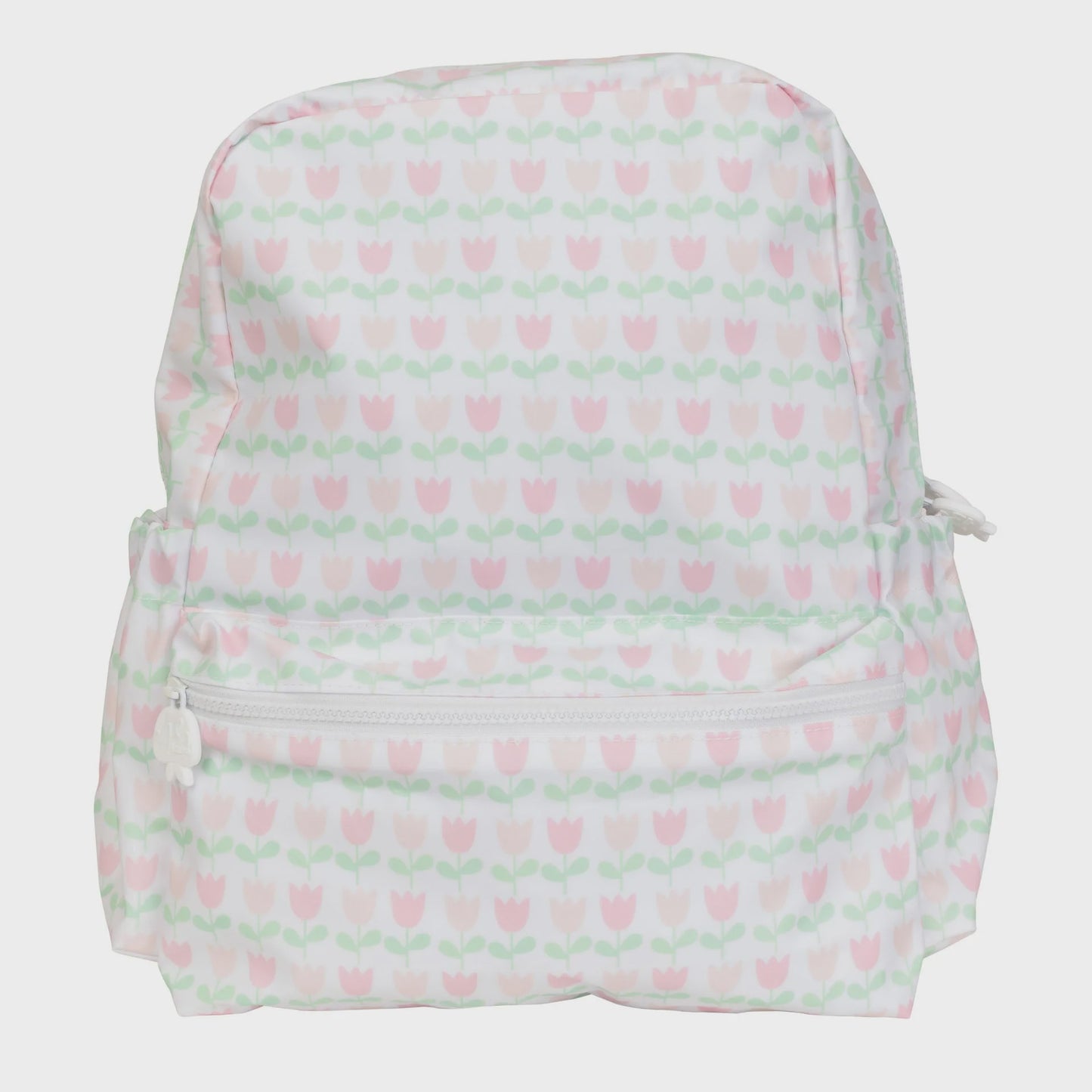 Large backpack with a white background featuring a repeating pattern of pink and light green tulips, a front zipper pocket, and side pockets.