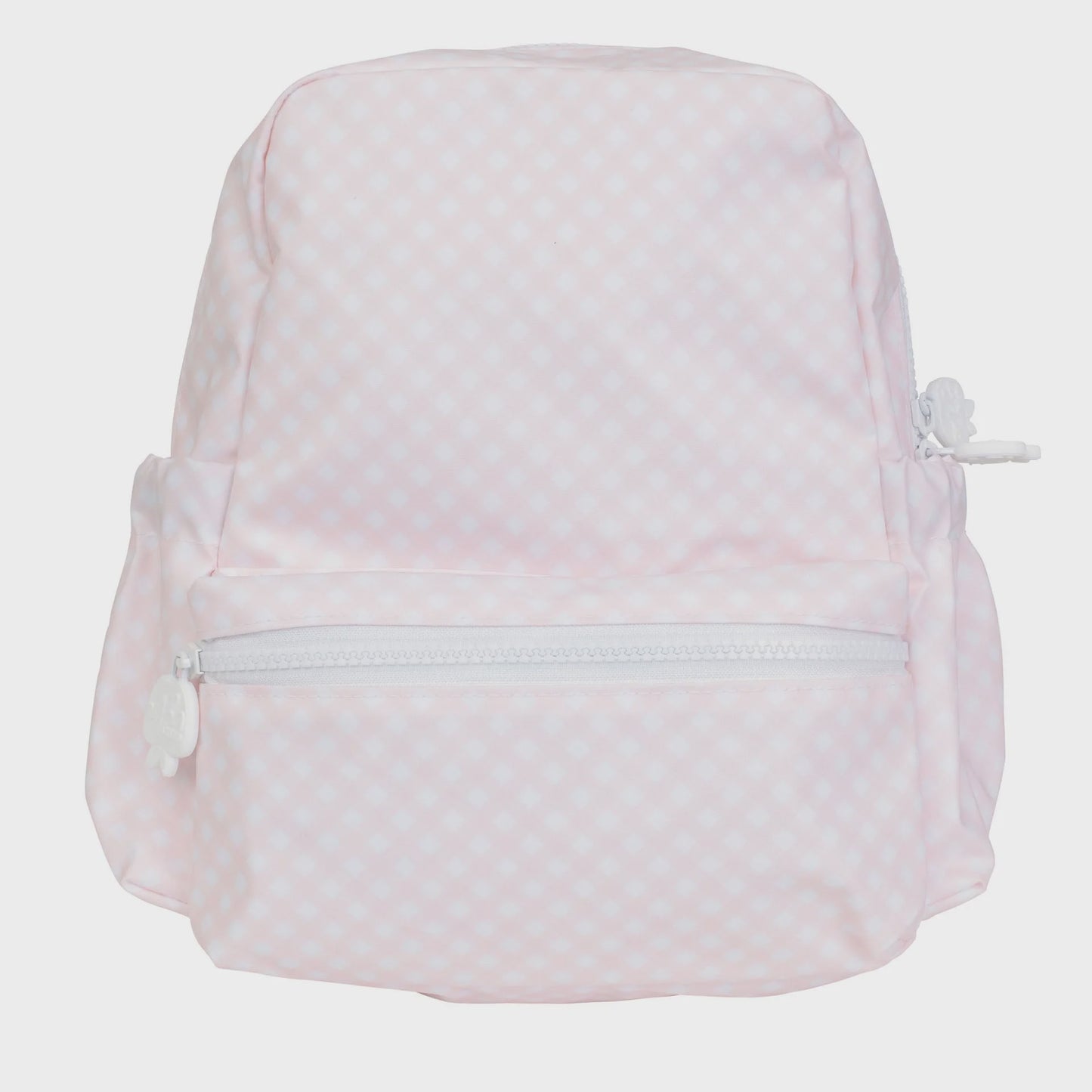 Pink and white gingham large backpack with a front zippered pocket and white flower-shaped zipper pulls.
