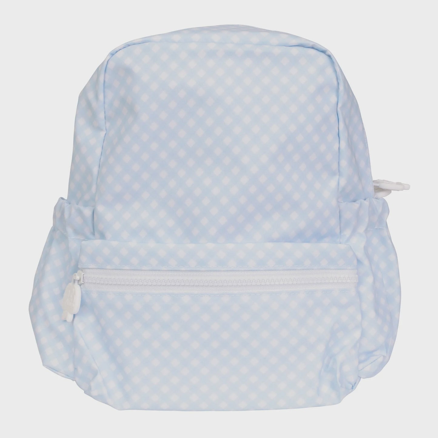 Light blue and white gingham children's backpack with a front zippered pocket and side elasticated pockets.