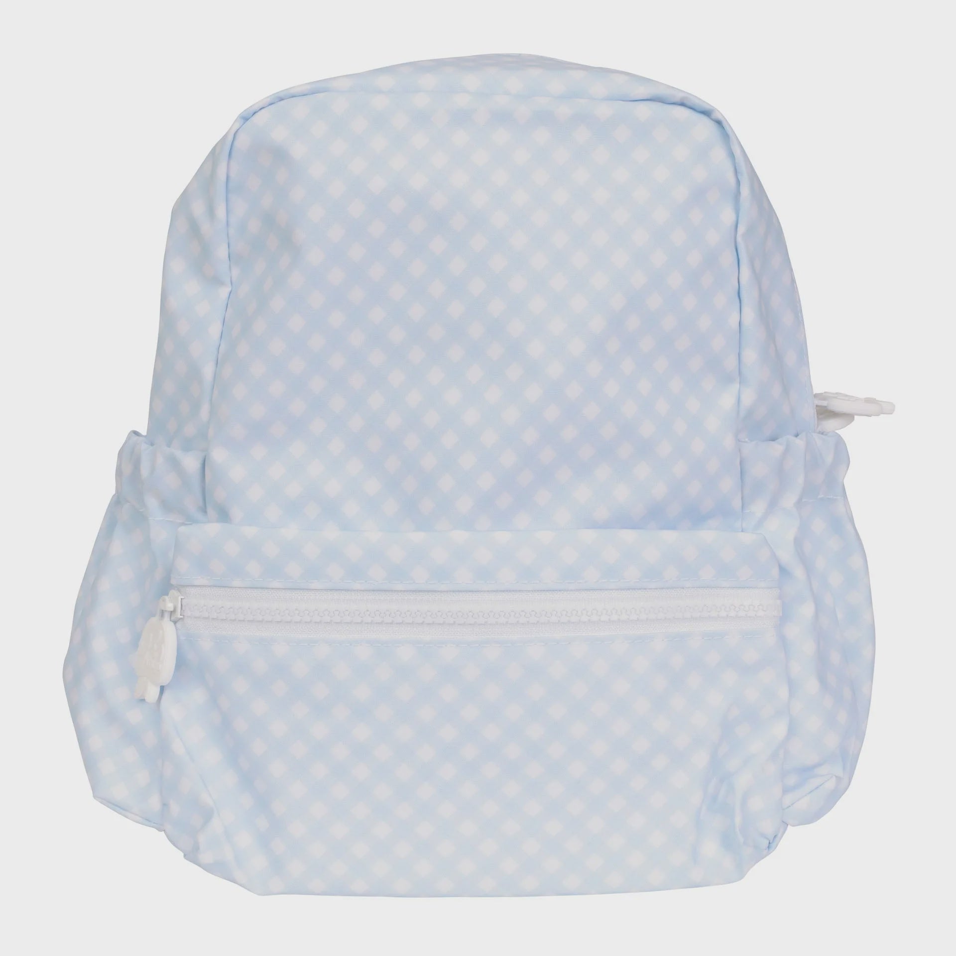 Light blue and white gingham children's backpack with a front zippered pocket and side elasticated pockets.