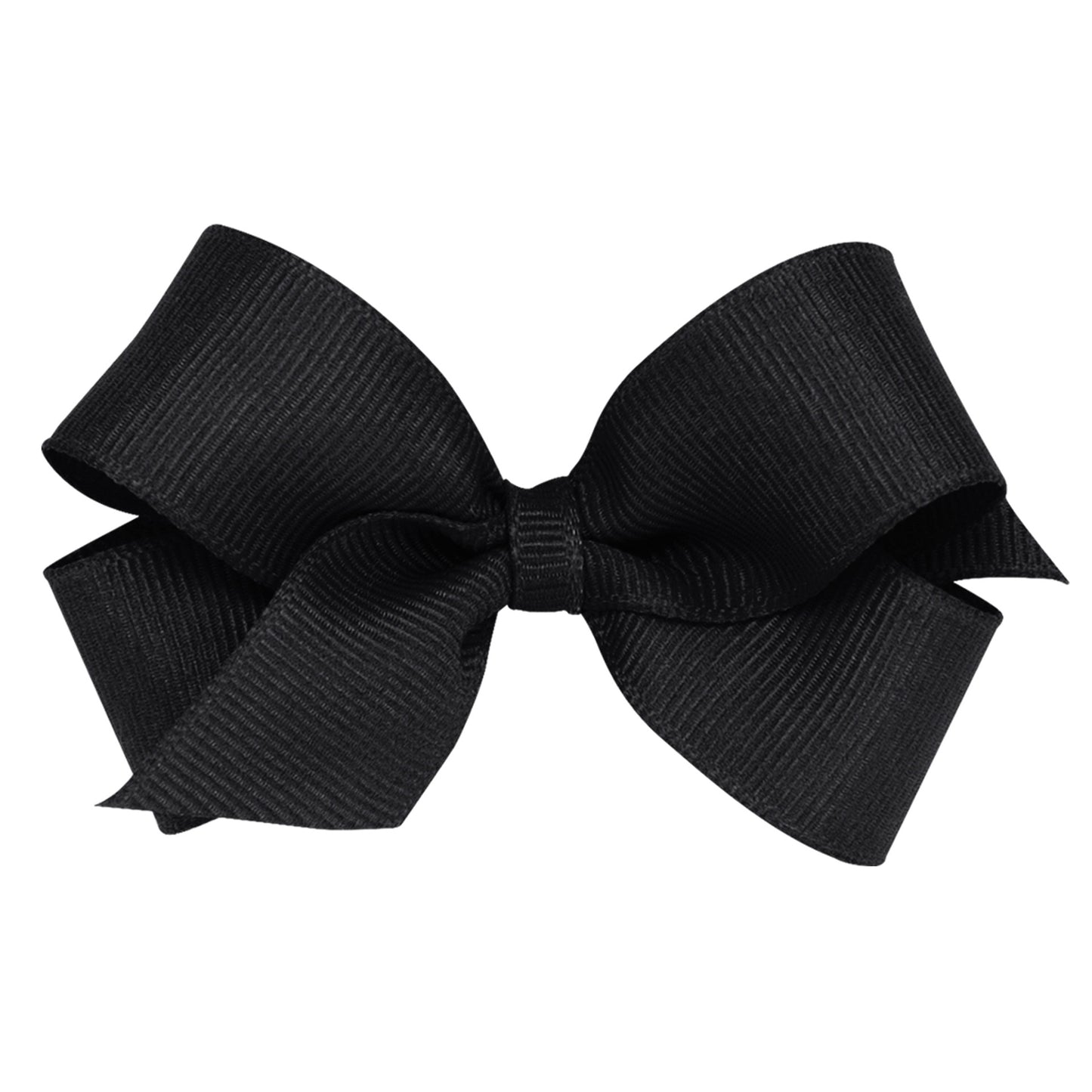 Black grosgrain mini bow with a ribbed texture and classic shape, featuring a plain wrap center.