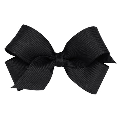 Black grosgrain mini bow with a ribbed texture and classic shape, featuring a plain wrap center.