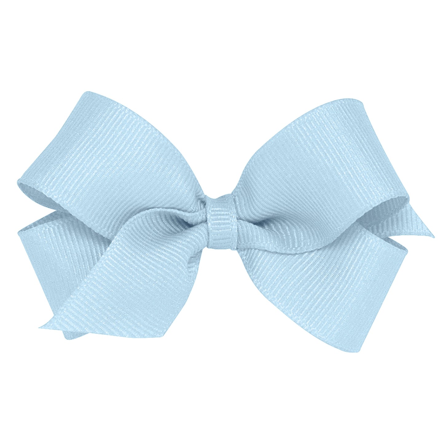 Light blue grosgrain ribbon bow with a plain wrap center, featuring a ribbed texture and neatly folded loops and tails.