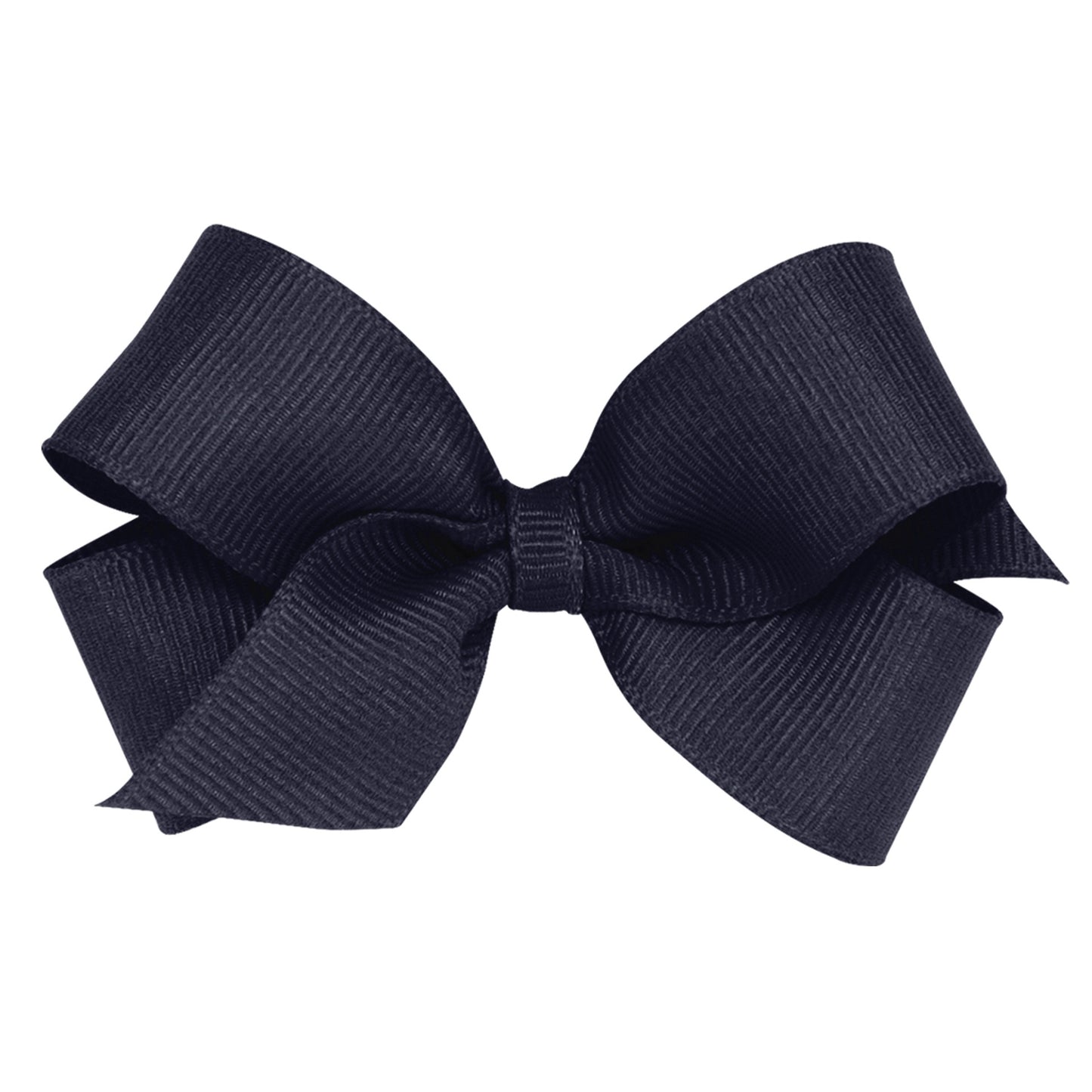 Navy blue grosgrain ribbon bow with a plain wrap center, designed for children's shoes.