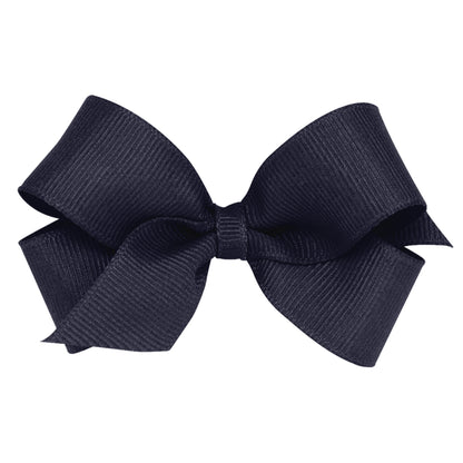 Navy blue grosgrain ribbon bow with a plain wrap center, designed for children's shoes.