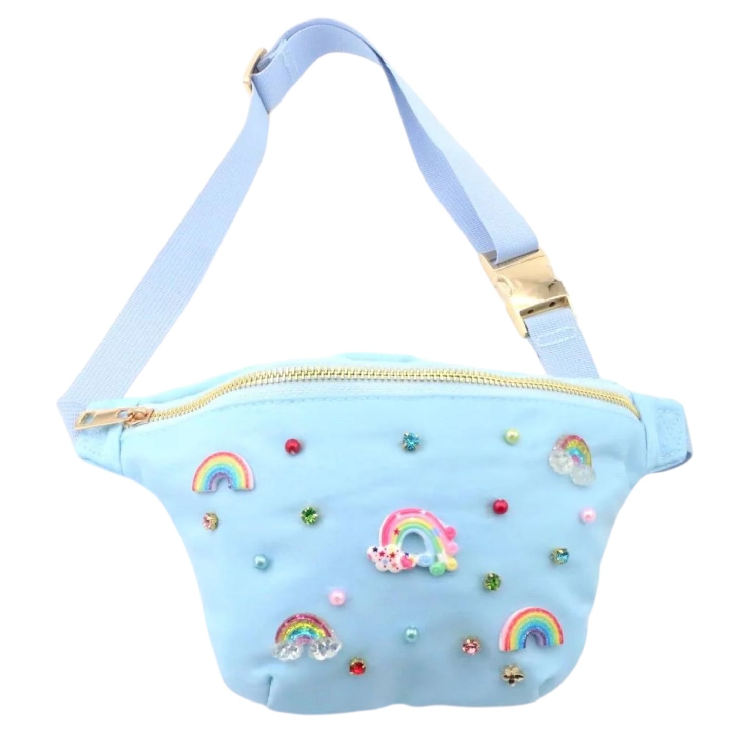 Light blue fanny pack with a gold zipper and buckle, adorned with multiple colorful rainbow and gem embellishments.