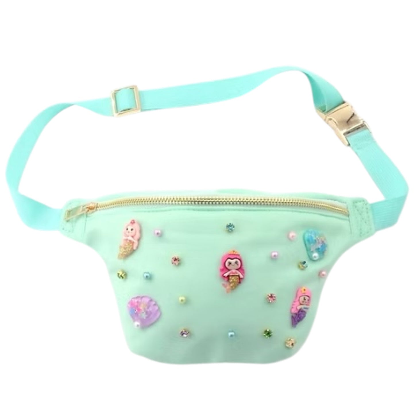 Mint green children's fanny pack with gold zipper and buckles, decorated with colorful mermaid figures, seashells, and beads.