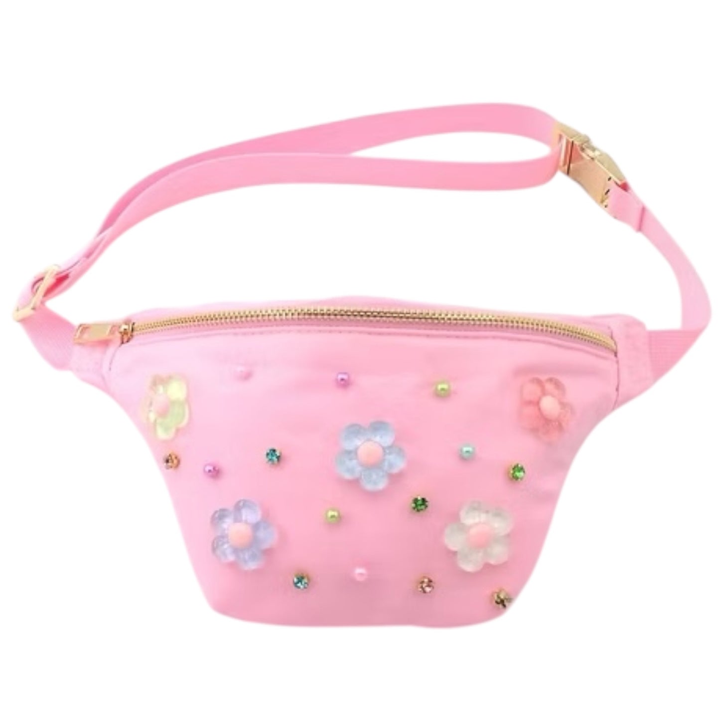 Pink fanny pack with a gold zipper and buckle, adorned with colorful translucent flower appliques and small beads.