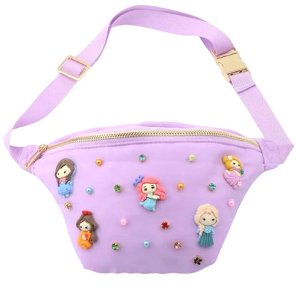 Lavender children's fanny pack with gold zipper and buckle, decorated with colorful 3D princess figures and sparkling beads.