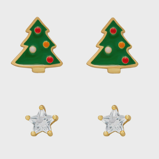 Christmas Tree & Lab Created White Sapphire Stud S