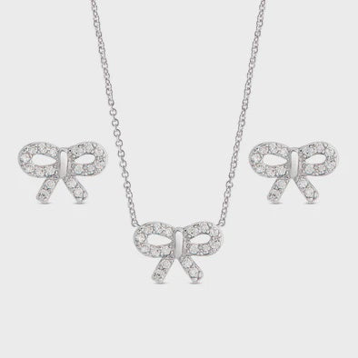 CZ Bow Pendant and Stud Earrings Set in Sterling S
