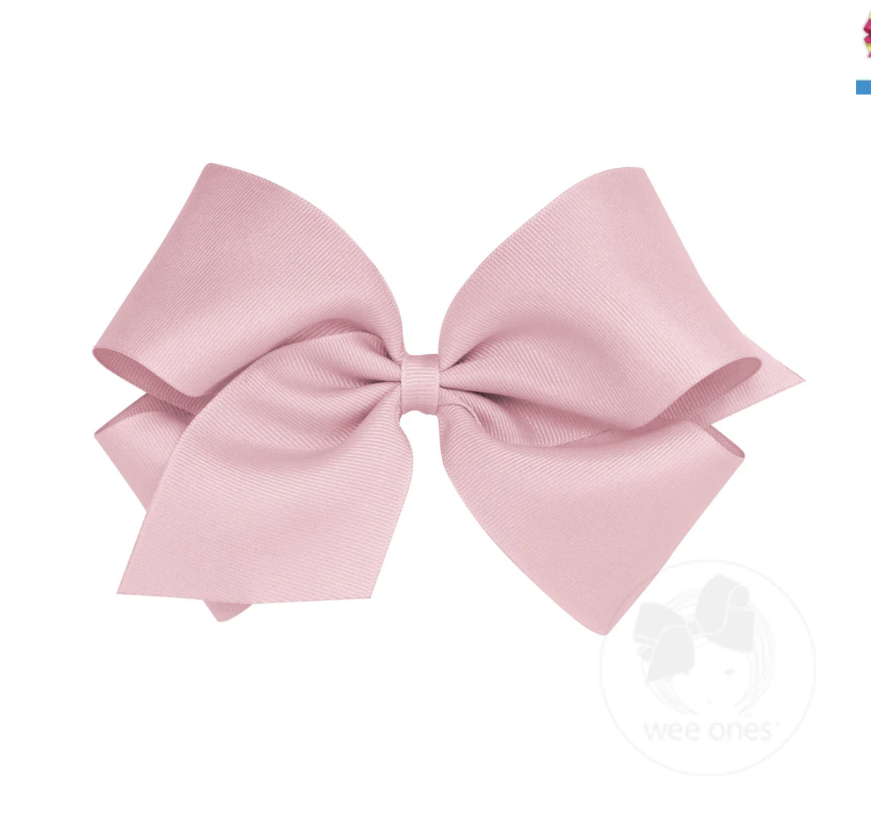 Large light pink grosgrain ribbon bow with two loops and two tails, tied neatly in the center.