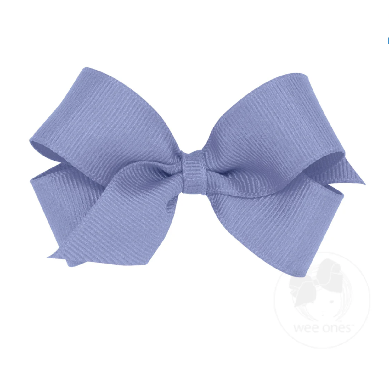 A periwinkle blue mini grosgrain hair bow with a plain wrap center, displayed on a white background.