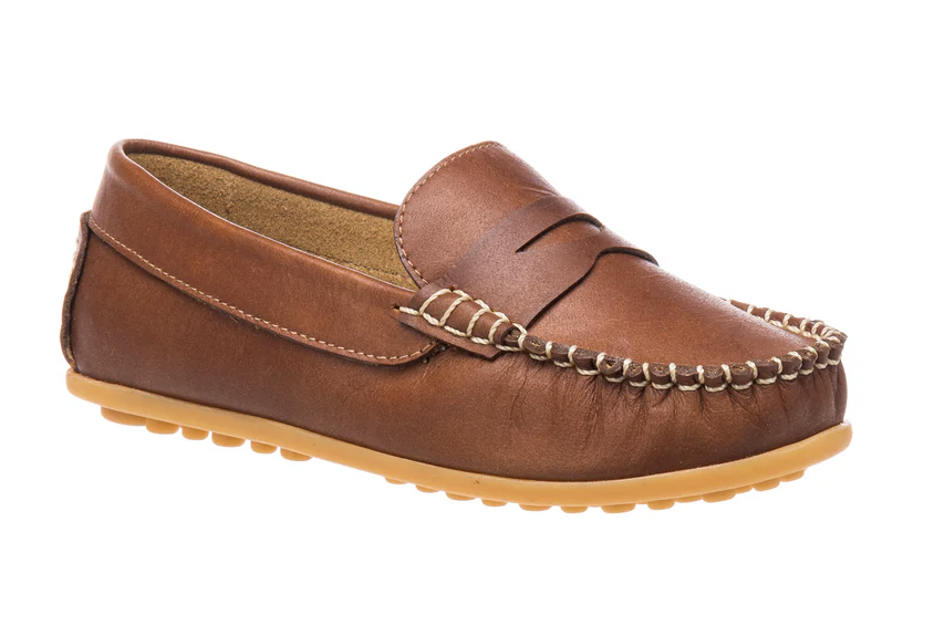 Children's brown leather penny loafer with white moc-toe stitching and a tan driver sole.