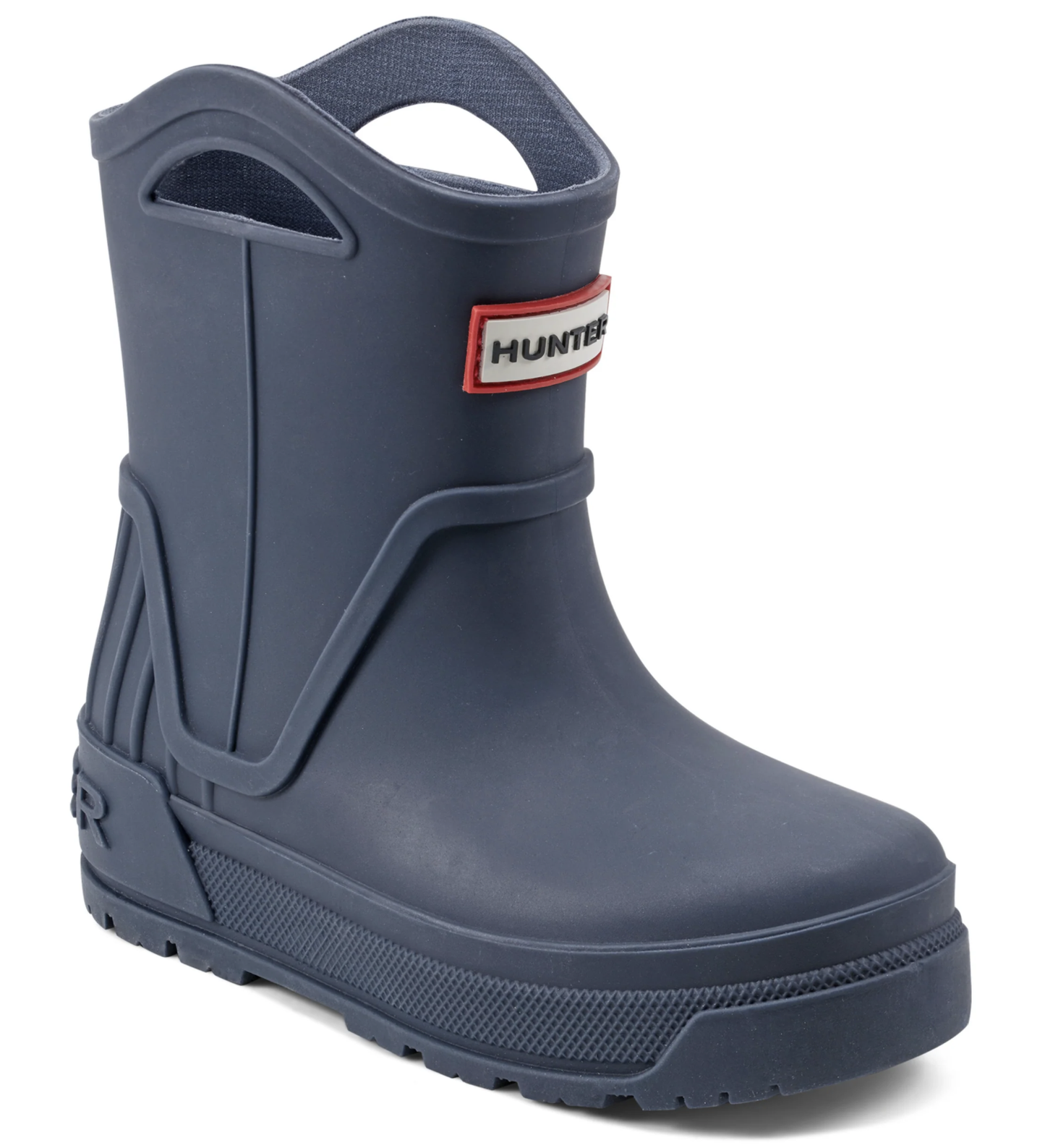 Dark blue Hunter children's rain boot with pull-on handles and a textured sole, featuring a red and white Hunter logo.