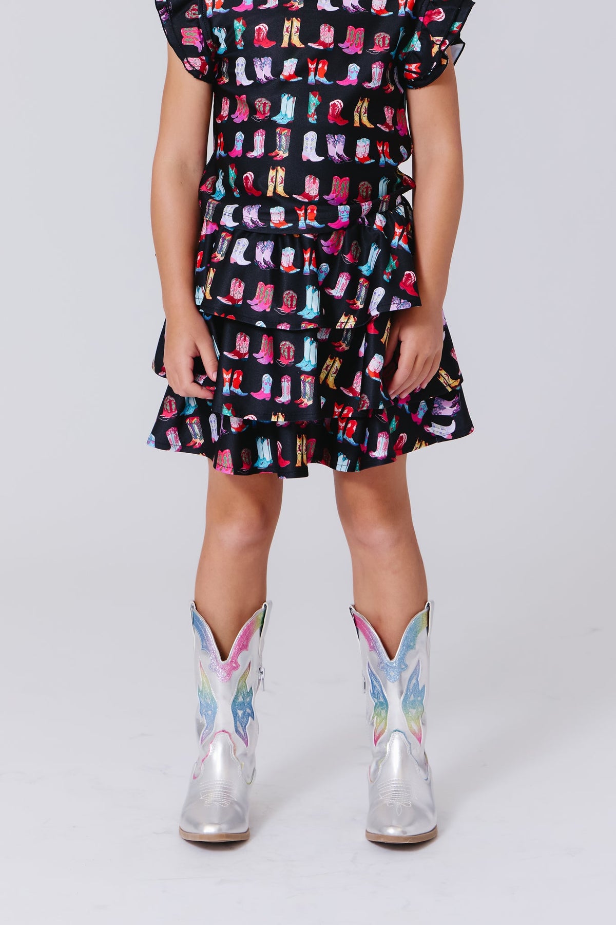 Terez Girls Hi-shine Tiered Skirt in Cowgirl Boots on Black on model