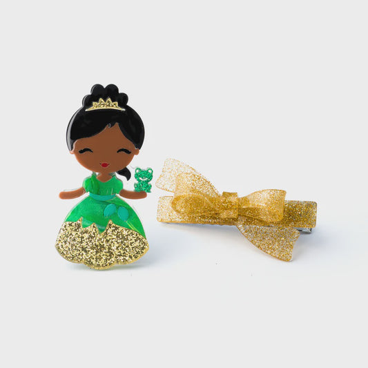 Cute Doll Gold Dress with Bow Hair Clip