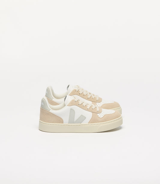 VEJA Small V-10 Laces Leather White Natural Almond, side view.