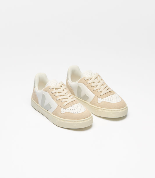 VEJA Small V-10 Laces Leather White Natural Almond, elevated front view.