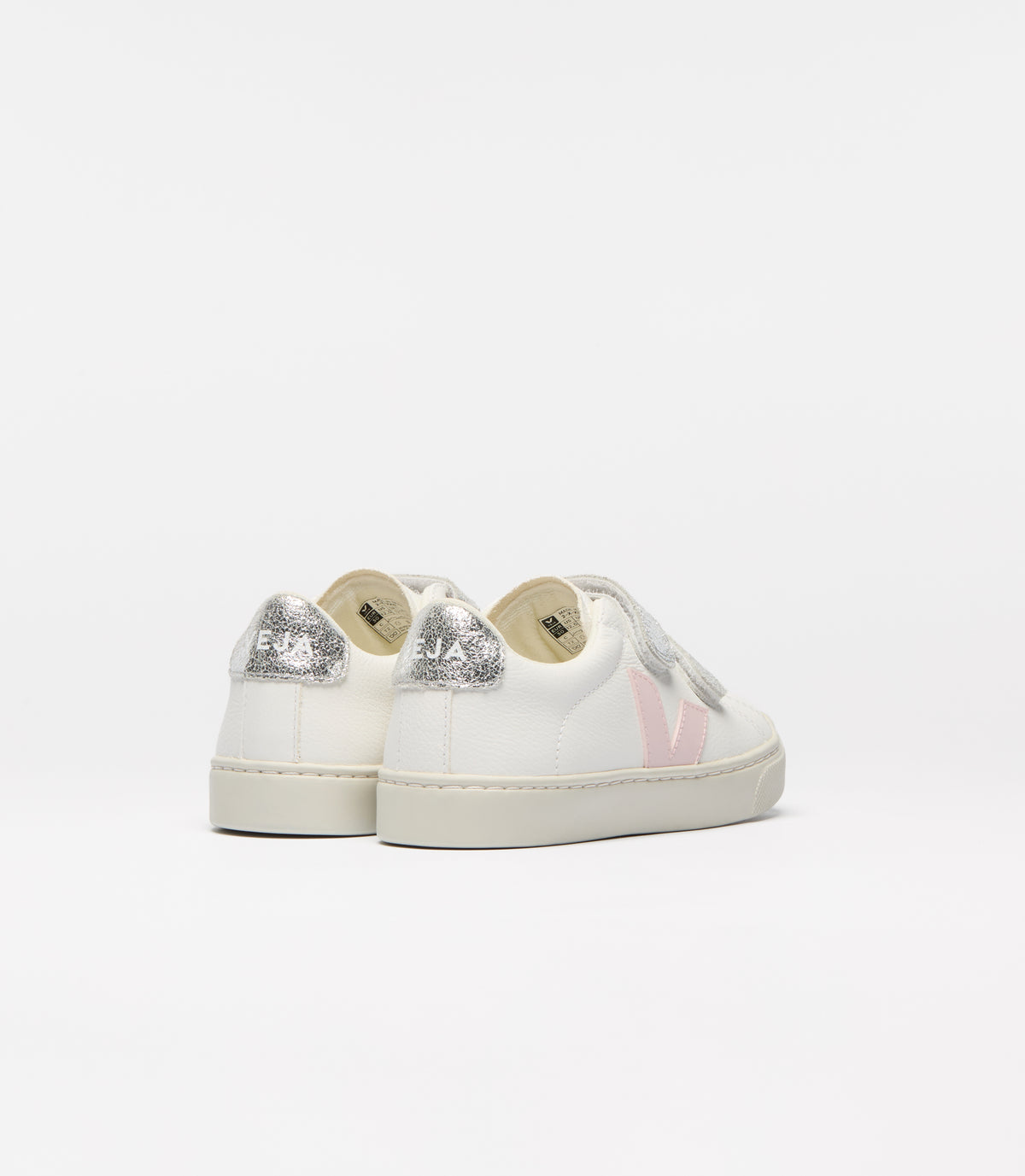 VEJA Small Esplar Leather in Extra White Petal Silver, rear view.