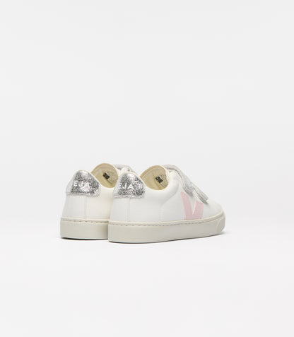 VEJA Small Esplar Leather in Extra White Petal Silver, rear view.