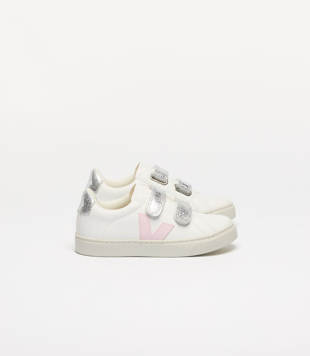 VEJA Small Esplar Leather in Extra White Petal Silver, side view.