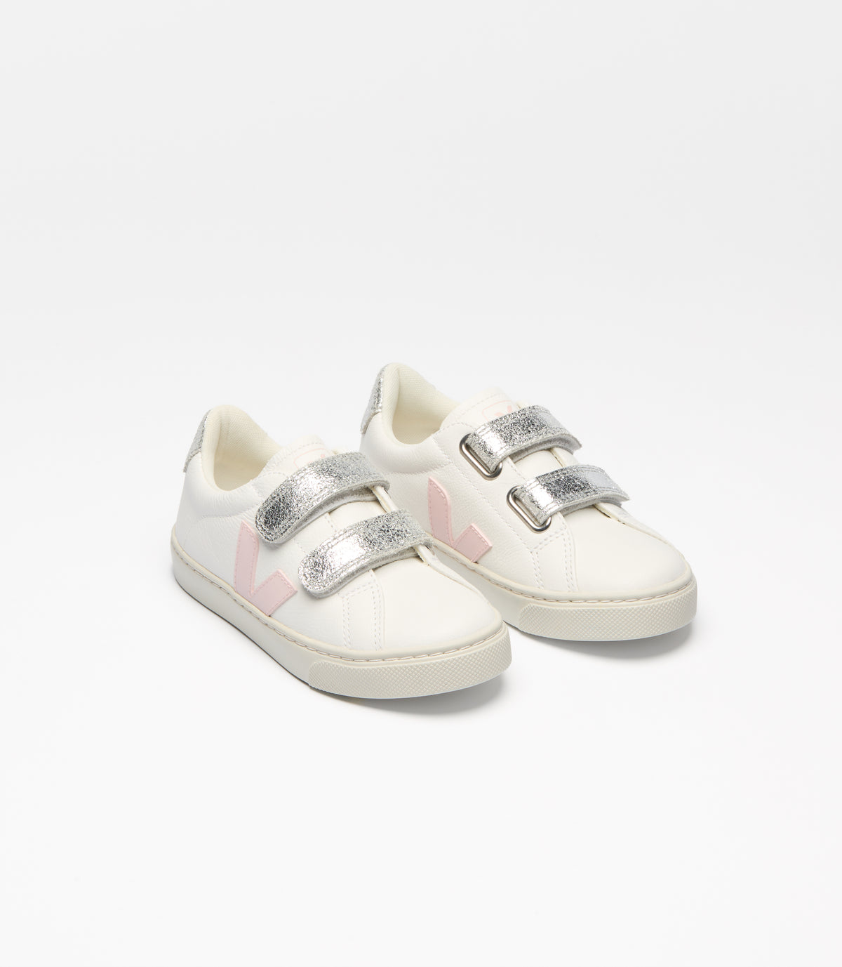 VEJA Small Esplar Leather in Extra White Petal Silver, elevated front view.