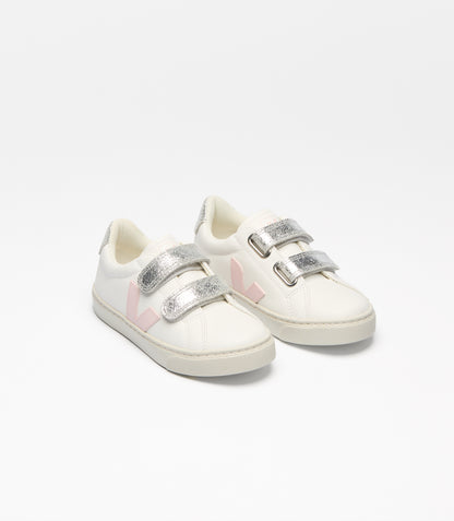 VEJA Small Esplar Leather in Extra White Petal Silver, elevated front view.