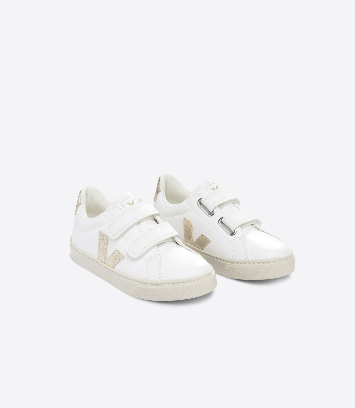 VEJA Small Esplar Leather in White Platine, elevated front view.