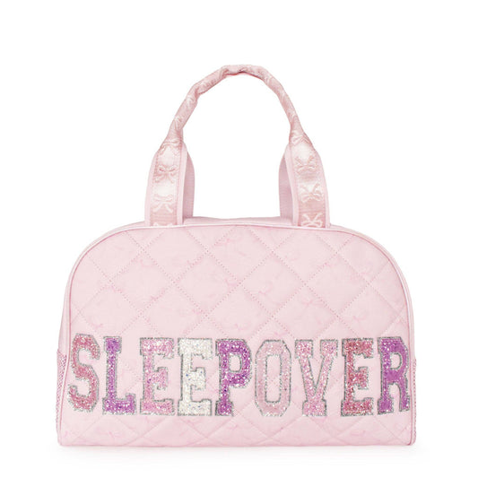 'SLEEPOVER' Quilted Bow Print Medium Duffle Bag