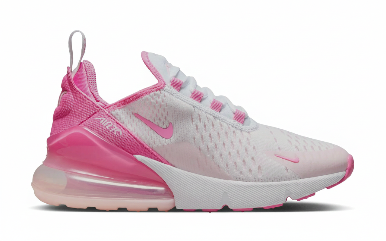 Nike Air Max 270 Little Kids sneaker in white mesh with bright pink accents, featuring a prominent pink translucent Air unit in the heel.