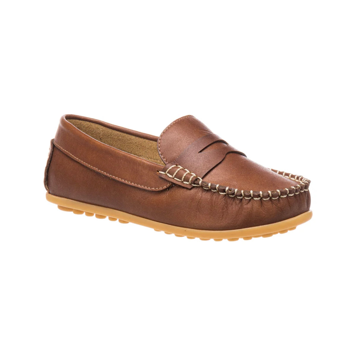 Children's brown leather penny loafer with white moc-toe stitching and a tan driver sole.