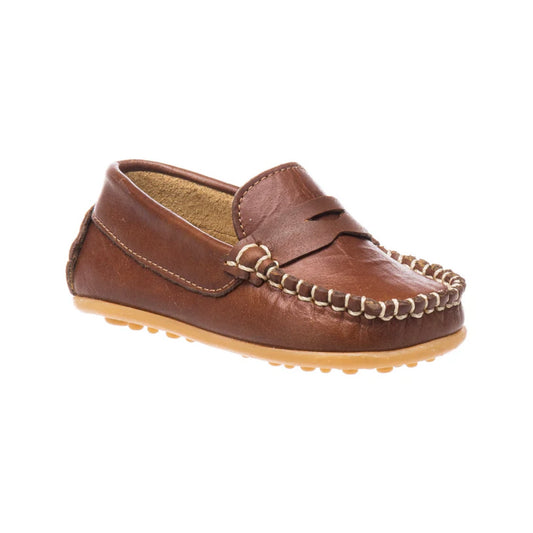 Brown leather toddler penny loafer with light stitching and a tan nubbed sole.